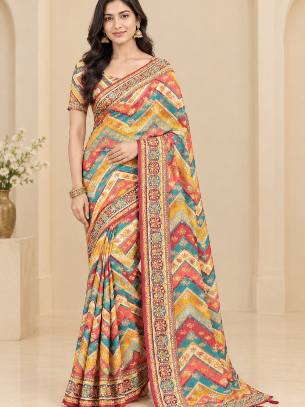 Soft Chinon Silk Saree with Ready Blouse, Cultural Wear for Women